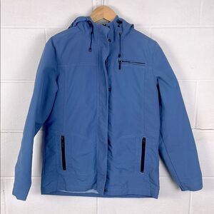 Eddie Bauer women’s softshell light blue full zip hooded lightweight coat
